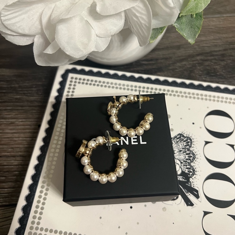 Chanel Gold 5 & Crystal CC Faux Pearl Hoop Earrings - Picture 8 of 10